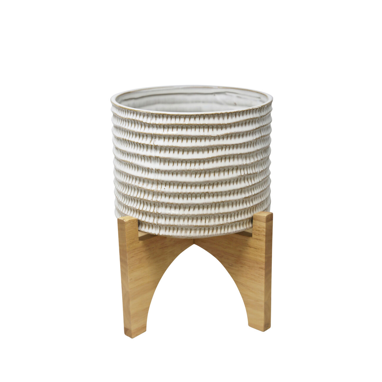 Ceramic Planter on Wooden Stand with Ribbed Design, White and Brown