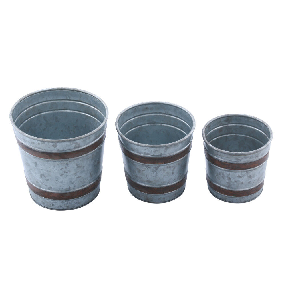 Vintage Style Galvanized Metal Pots In Bucket Style, Set of Three, Gray And Brown