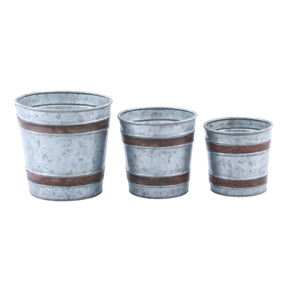 Vintage Style Galvanized Metal Pots In Bucket Style, Set of Three, Gray And Brown