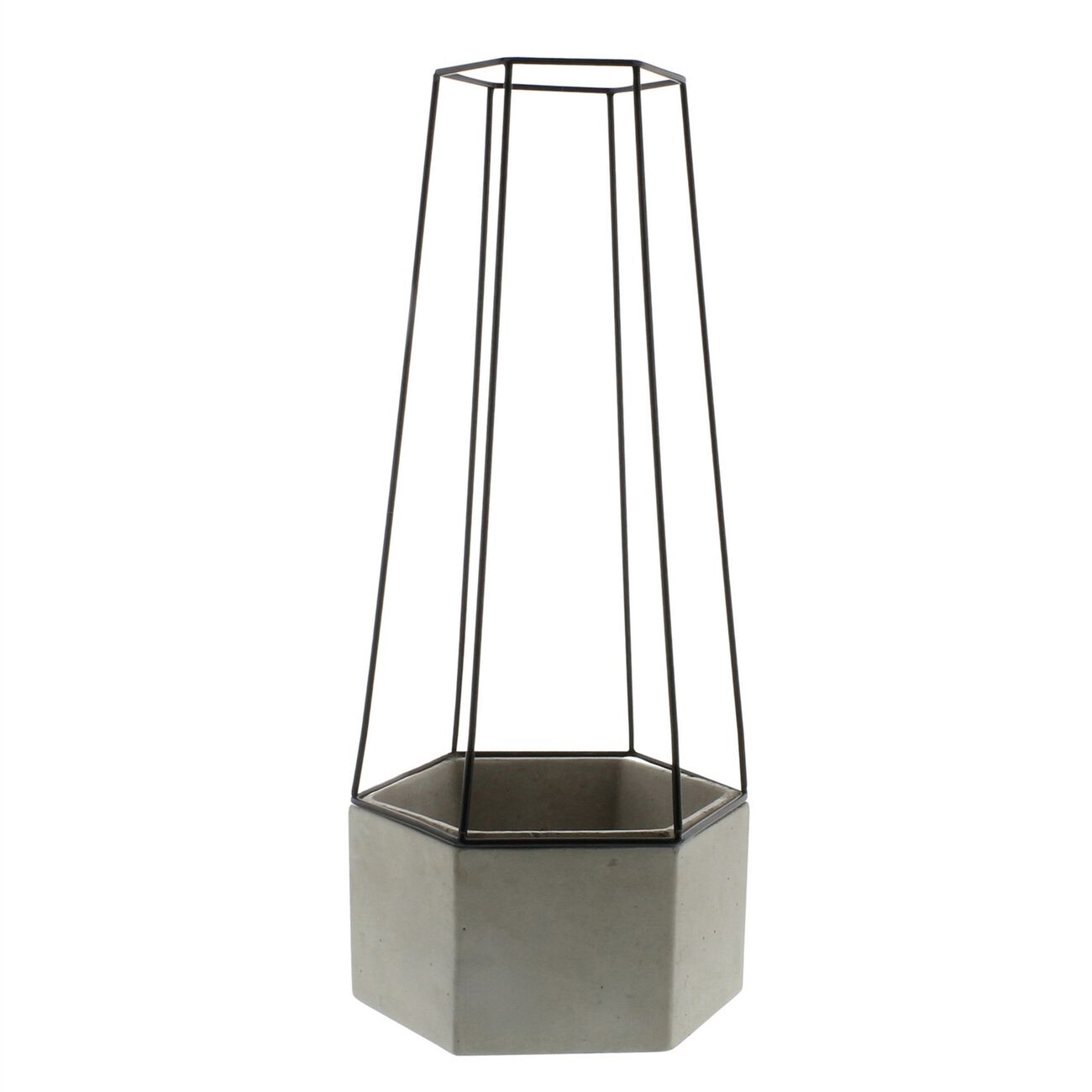 Hexagonal Cement Planter with Metal Cage, Large, Gray