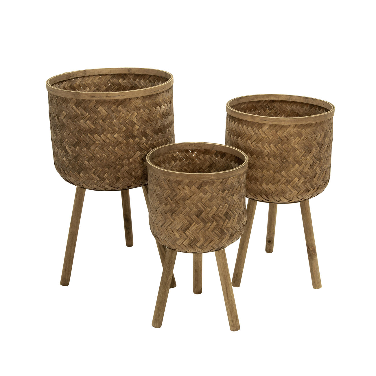 Round Bamboo Planters with Angled Tripod Legs, Set of 3, Brown