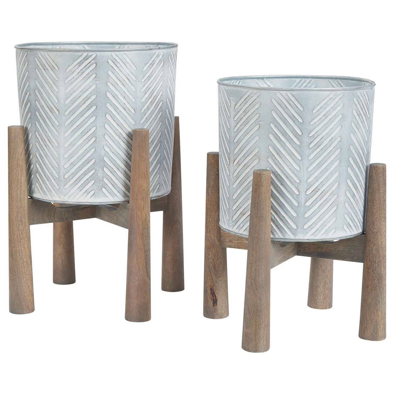 Round Metal Planter Set with Wood Stand,Set of 2,Galvanized Gray and Brown