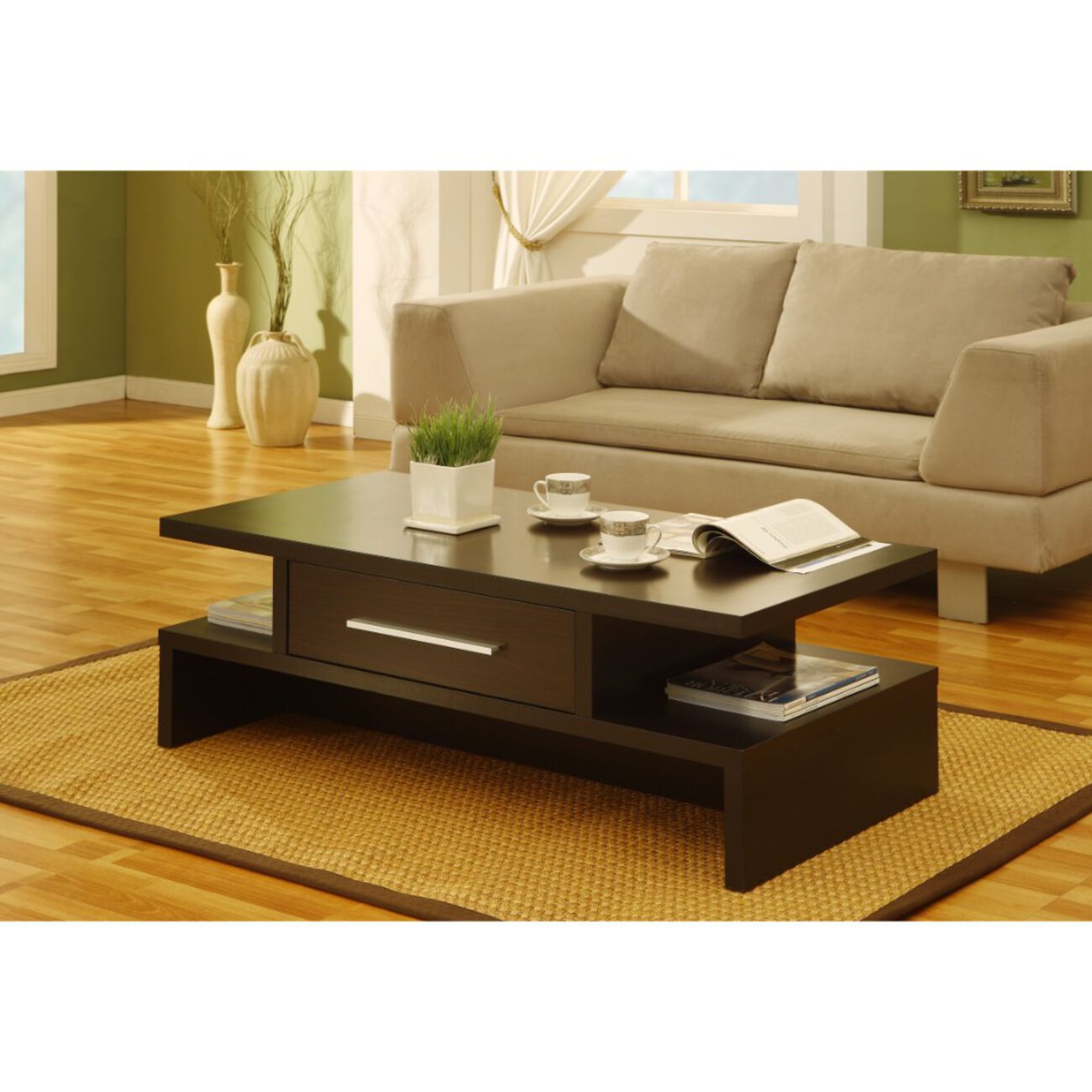 Unique Style Coffee Table With Bar Handle Drawer, Brown