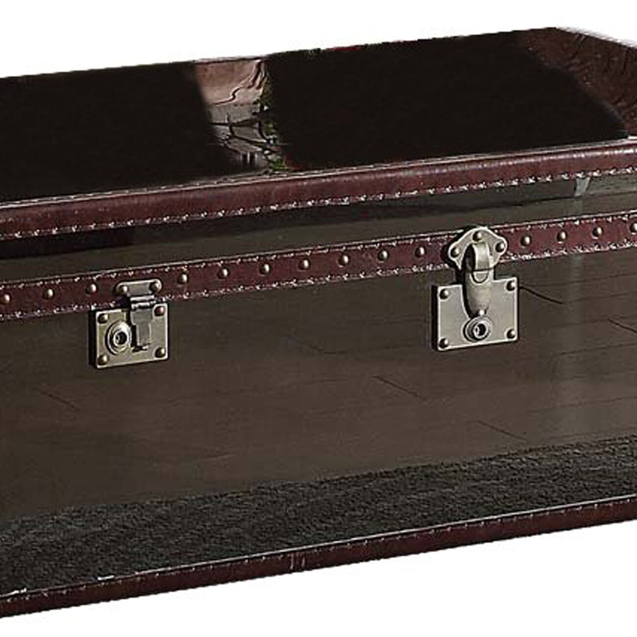 Trunk Design Leatherette Trim Wooden Coffee Table with 2 Drawers, Brown and Gray