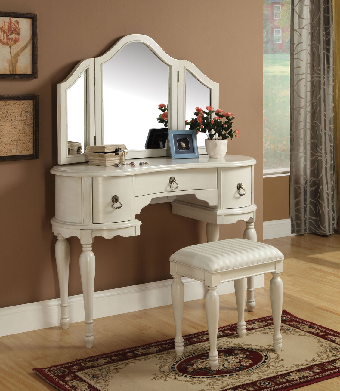 Wooden Vanity Set with 3 Drawer Table and Fabric Upholstered Stool, Cream