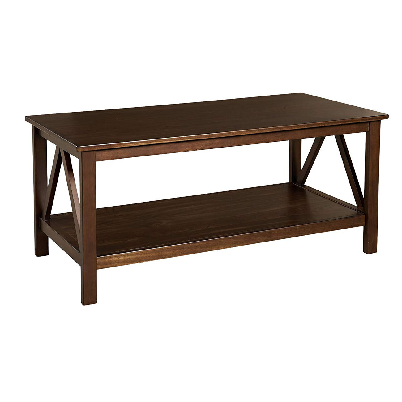 Wooden Rectangular Coffee Table with Inverted V Design Sides, Brown