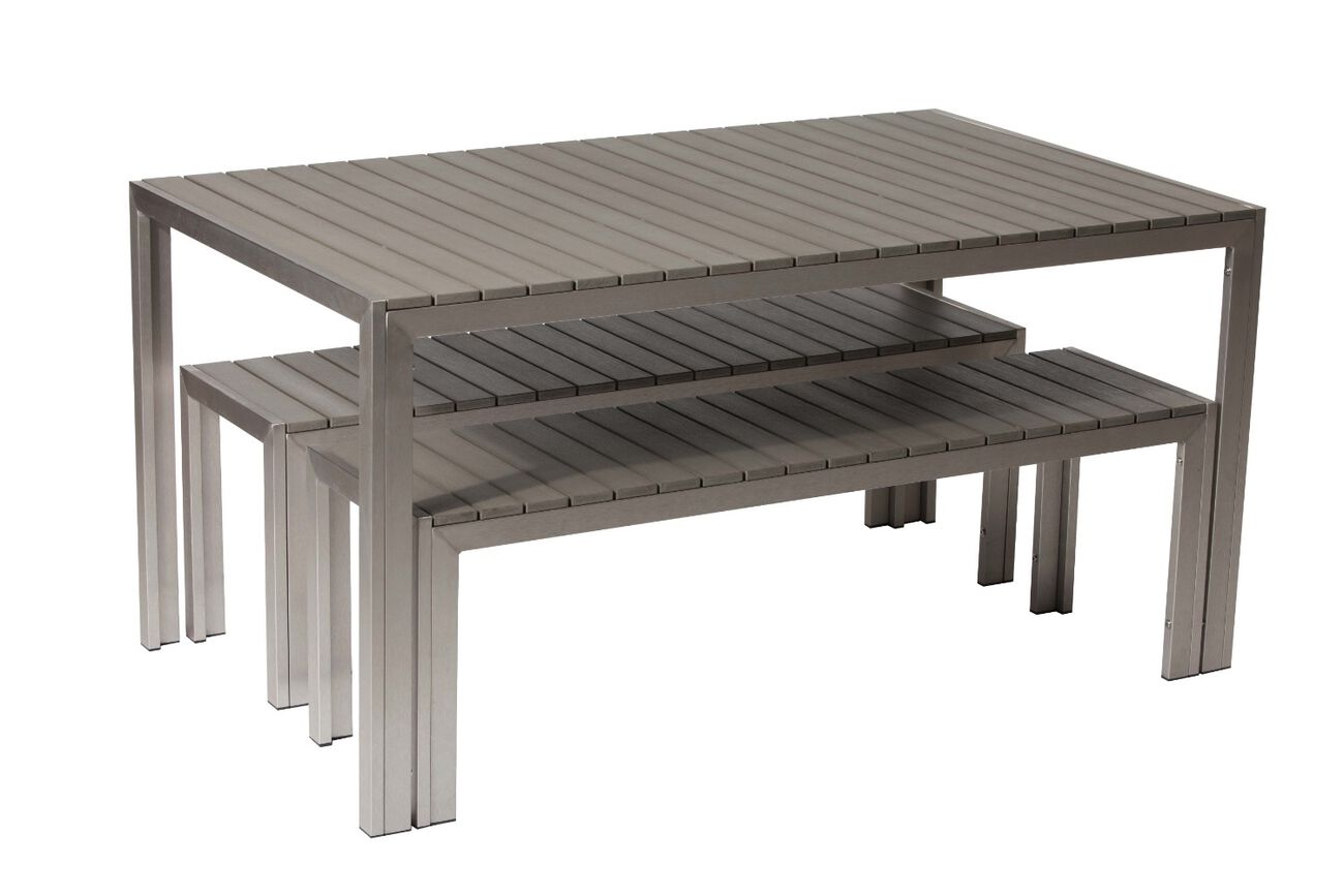 Anodized Aluminum Table And Bench Set In Gray (Set of 3)