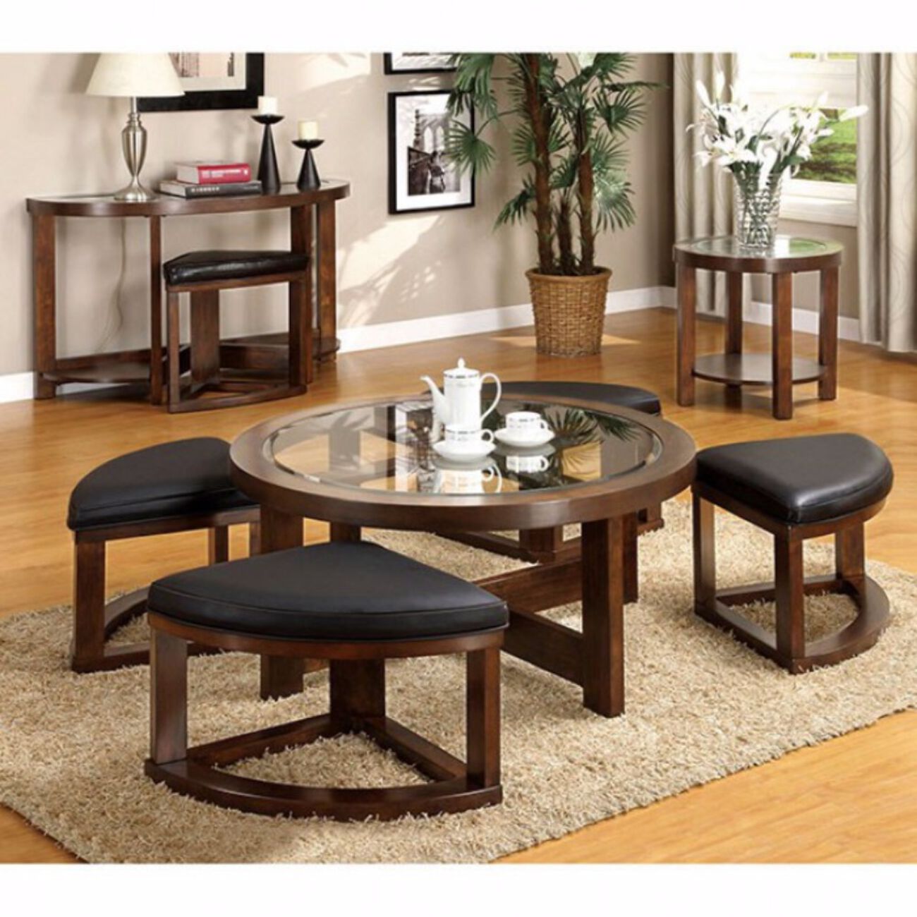 Round Wooden Coffee Table With Stylish Wedge Shaped 4 Ottomans