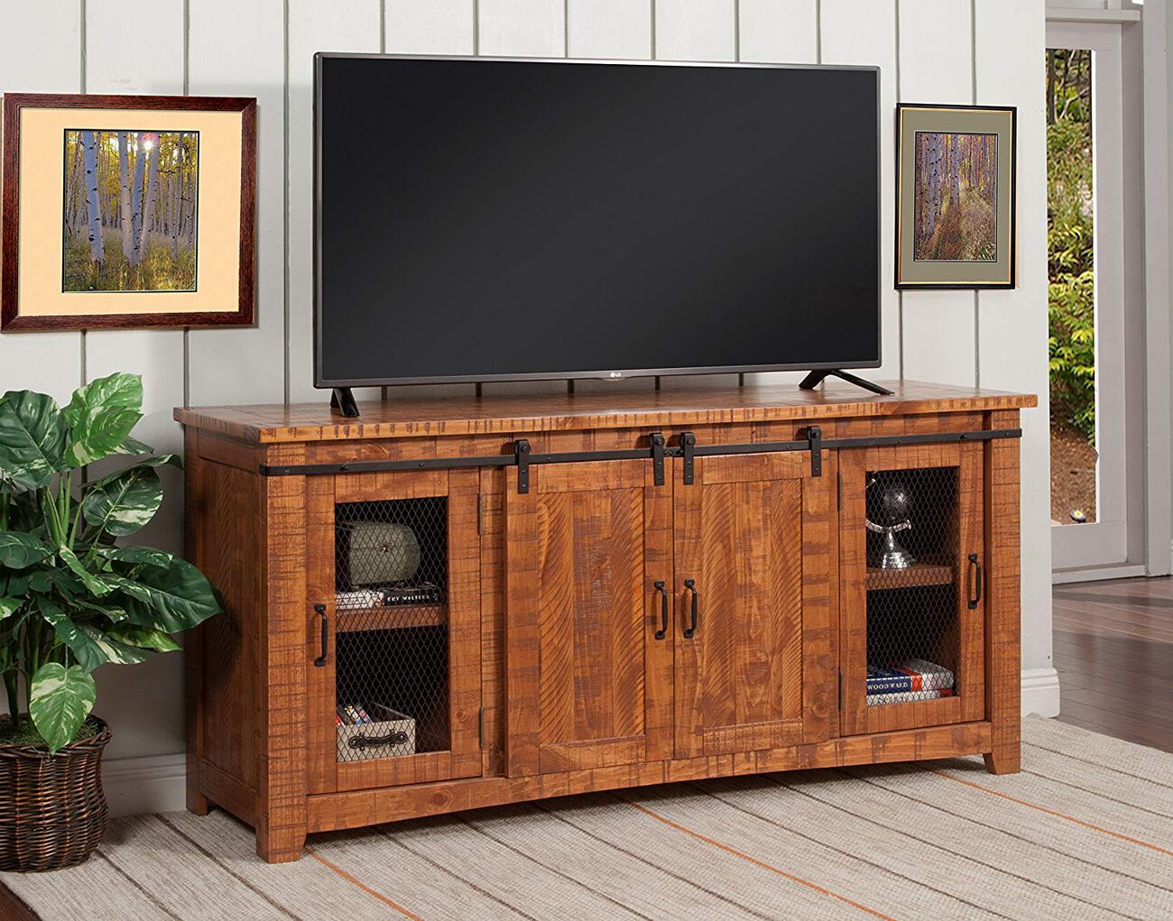 Wood and Metal TV Stand With 2 Mesh Style Doors, Honey Tobacco Brown