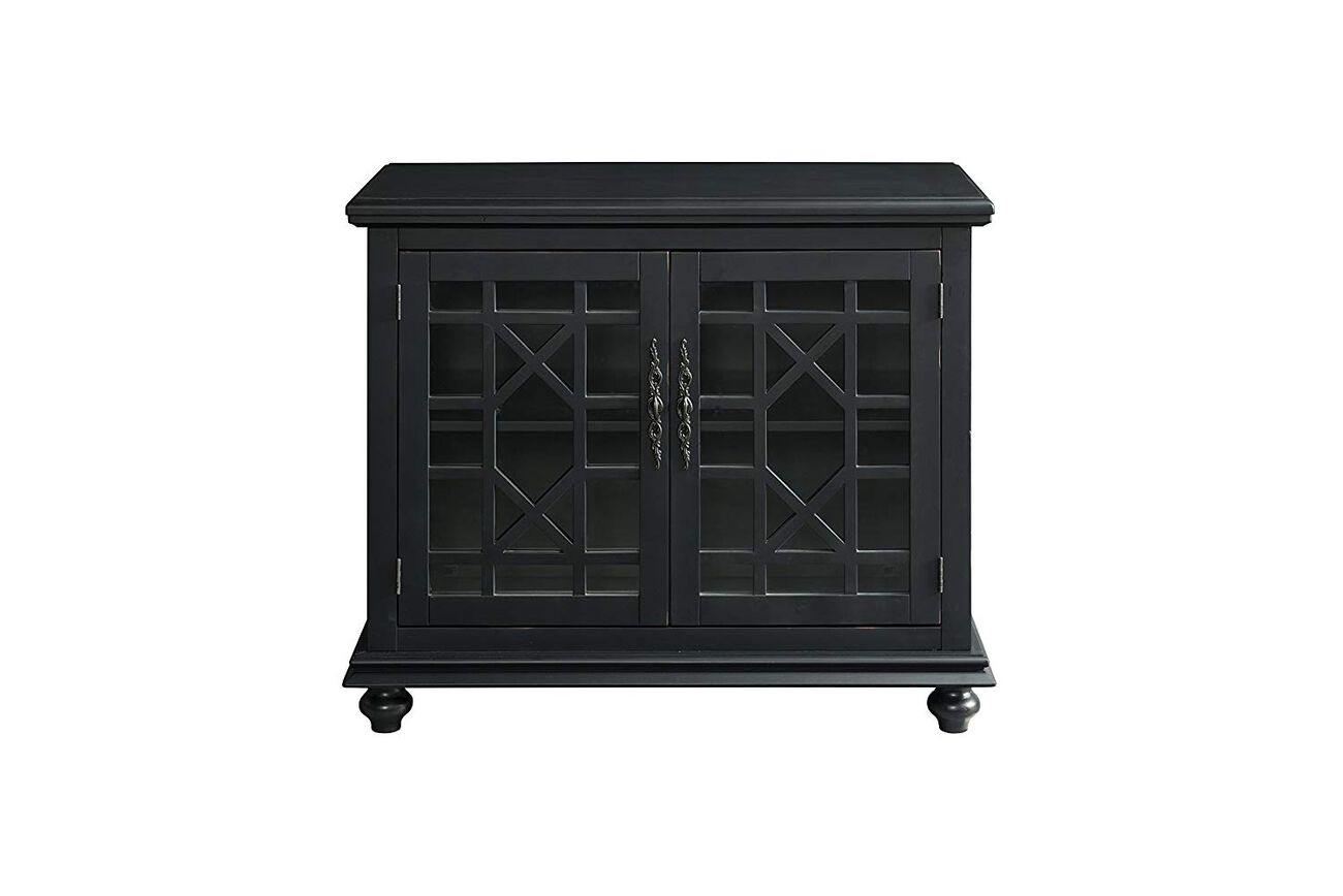 Wooden TV Stand With Trellis Detailed Doors, Antique Black