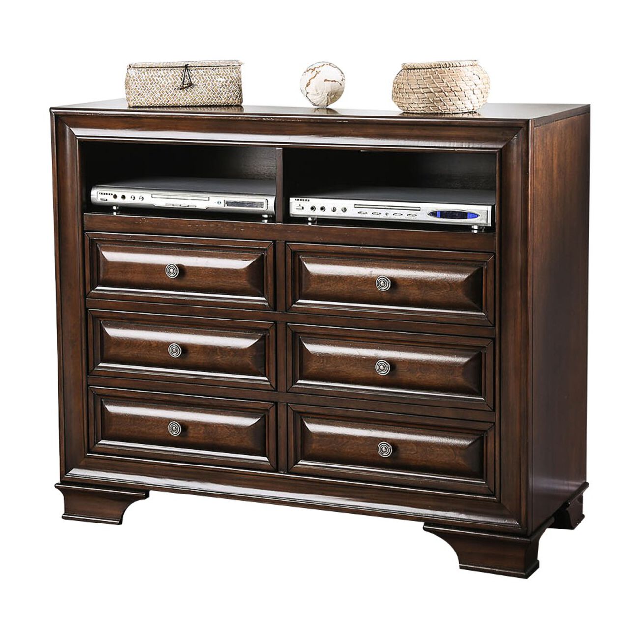 Wooden Media Chest With Six Drawer And Two Open Shelf In Cherry Brown