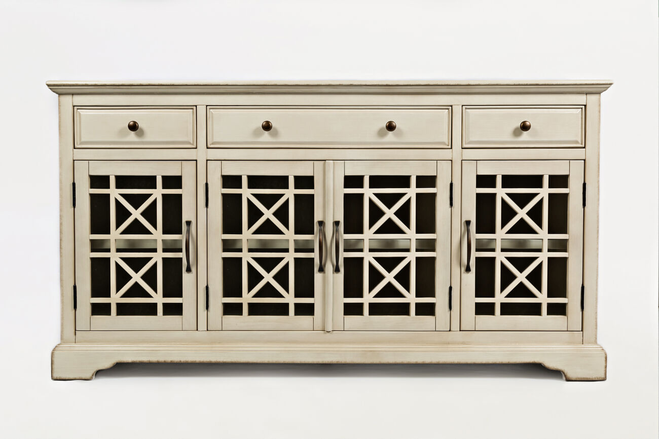 Craftman Series Wooden Media Unit With Fretwork Glass Door Cabinet, Antique Cream