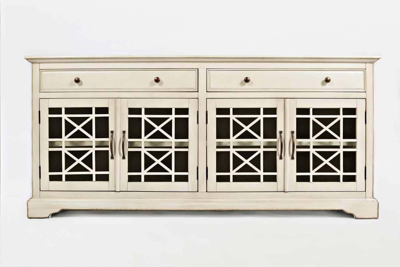Craftman Series 70 Inch Media Unit with Fretwork Glass Front, Antique Cream