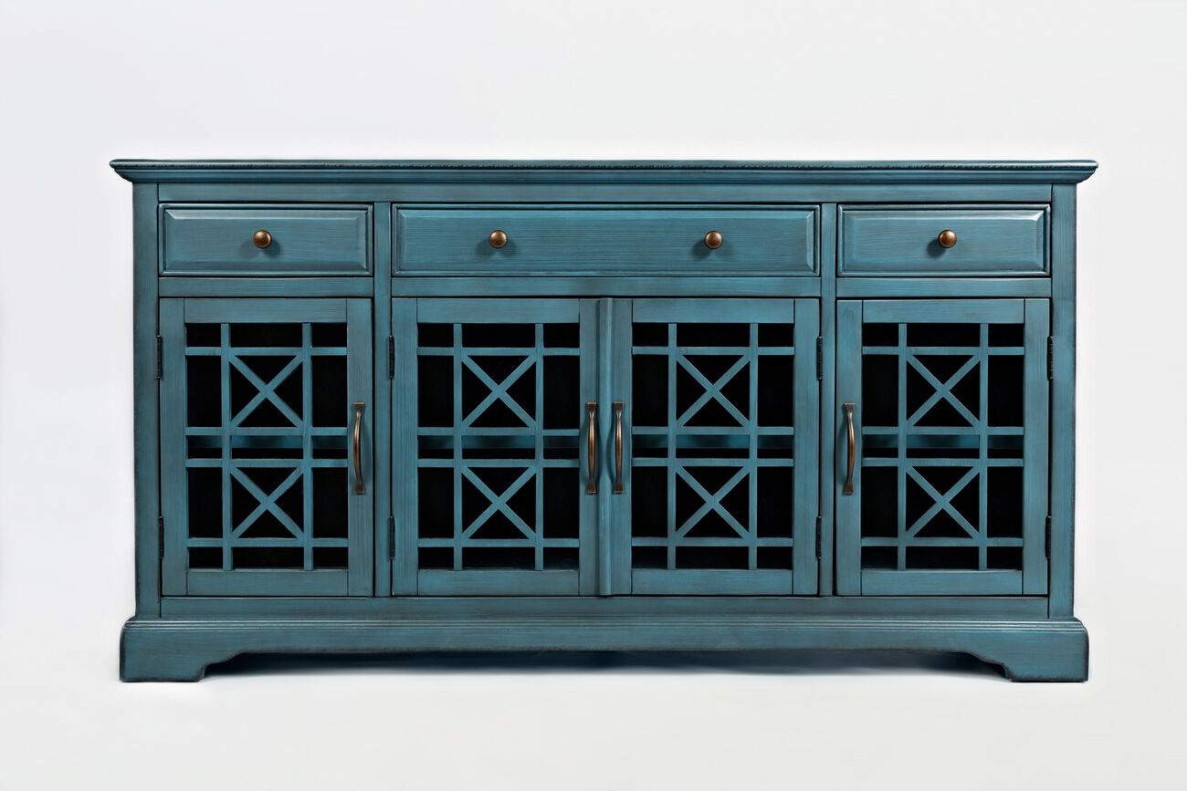 Craftman Series 60 Inch Wooden Media Unit with 3 Drawers, Antique Blue