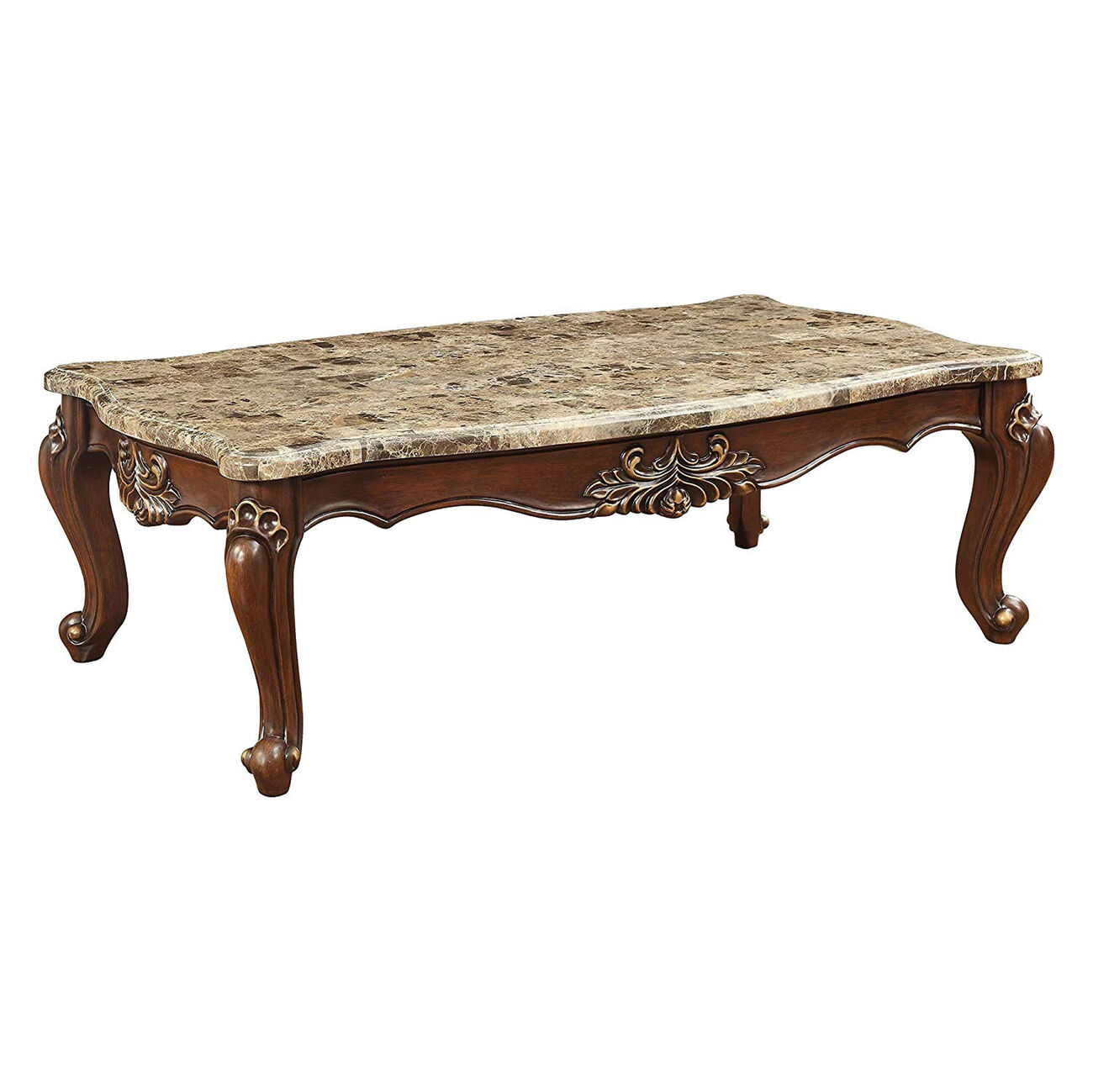 Traditional Style Marble and Wood Rectangular Coffee Table, Brown