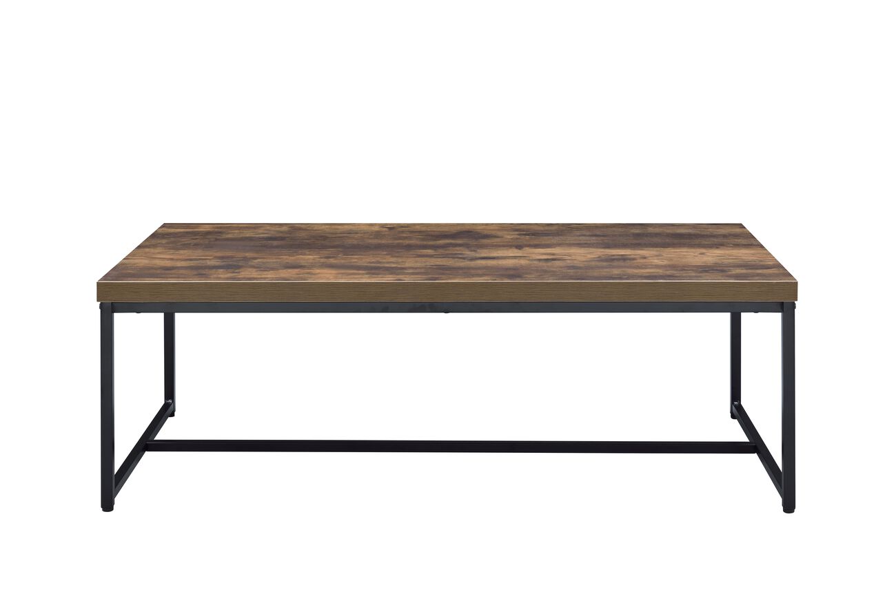 Metal Framed Coffee Table with Wooden Top, Weathered Oak Brown and Black