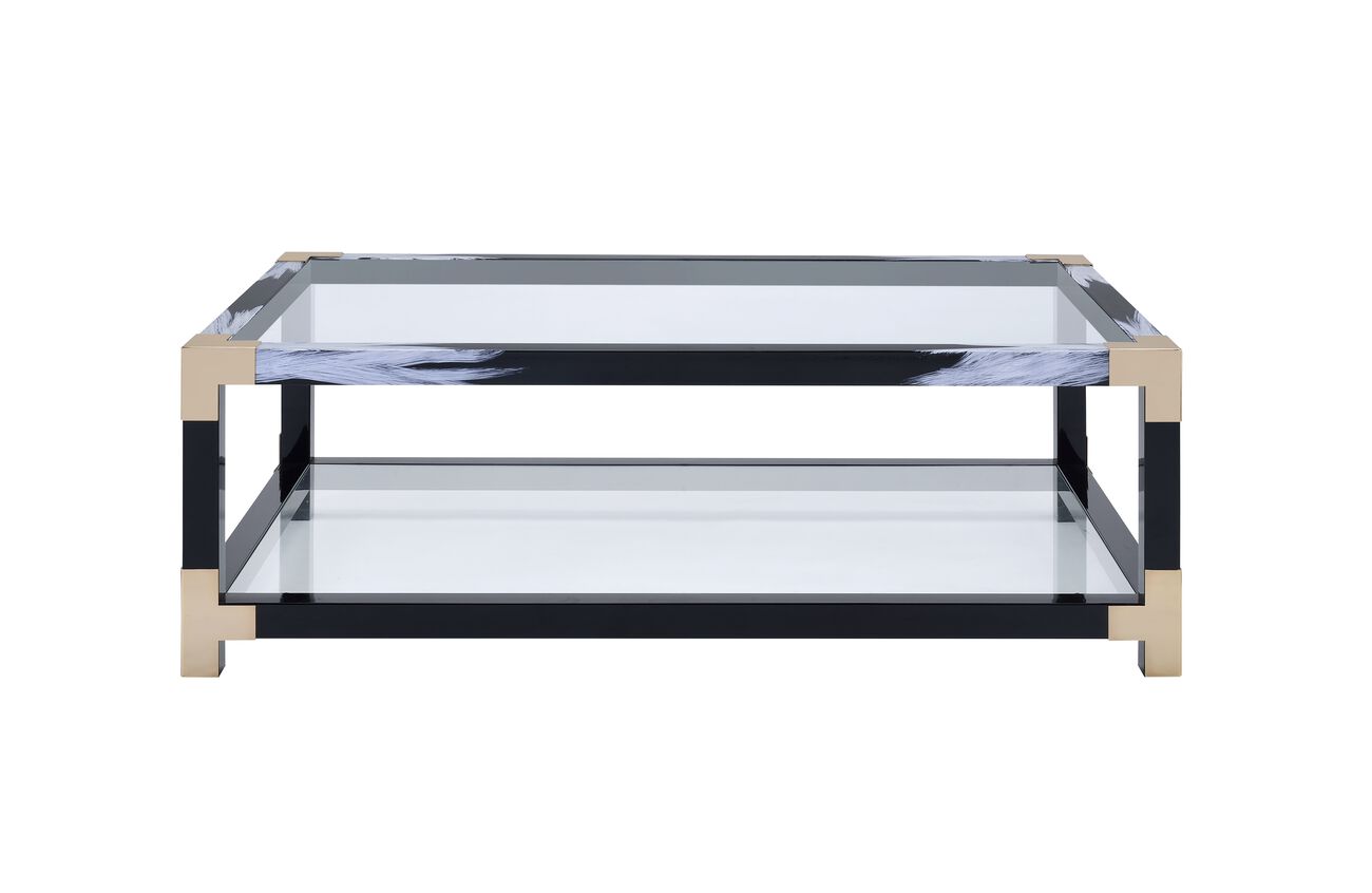 Rectangular Metal Coffee Table with Glass Top and Shelf, Black