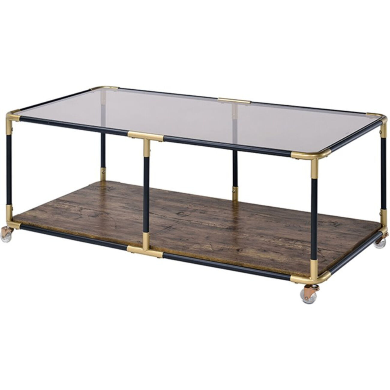 Metal Frame Coffee Table with Glass Top and Wooden Bottom Shelf, Multicolor