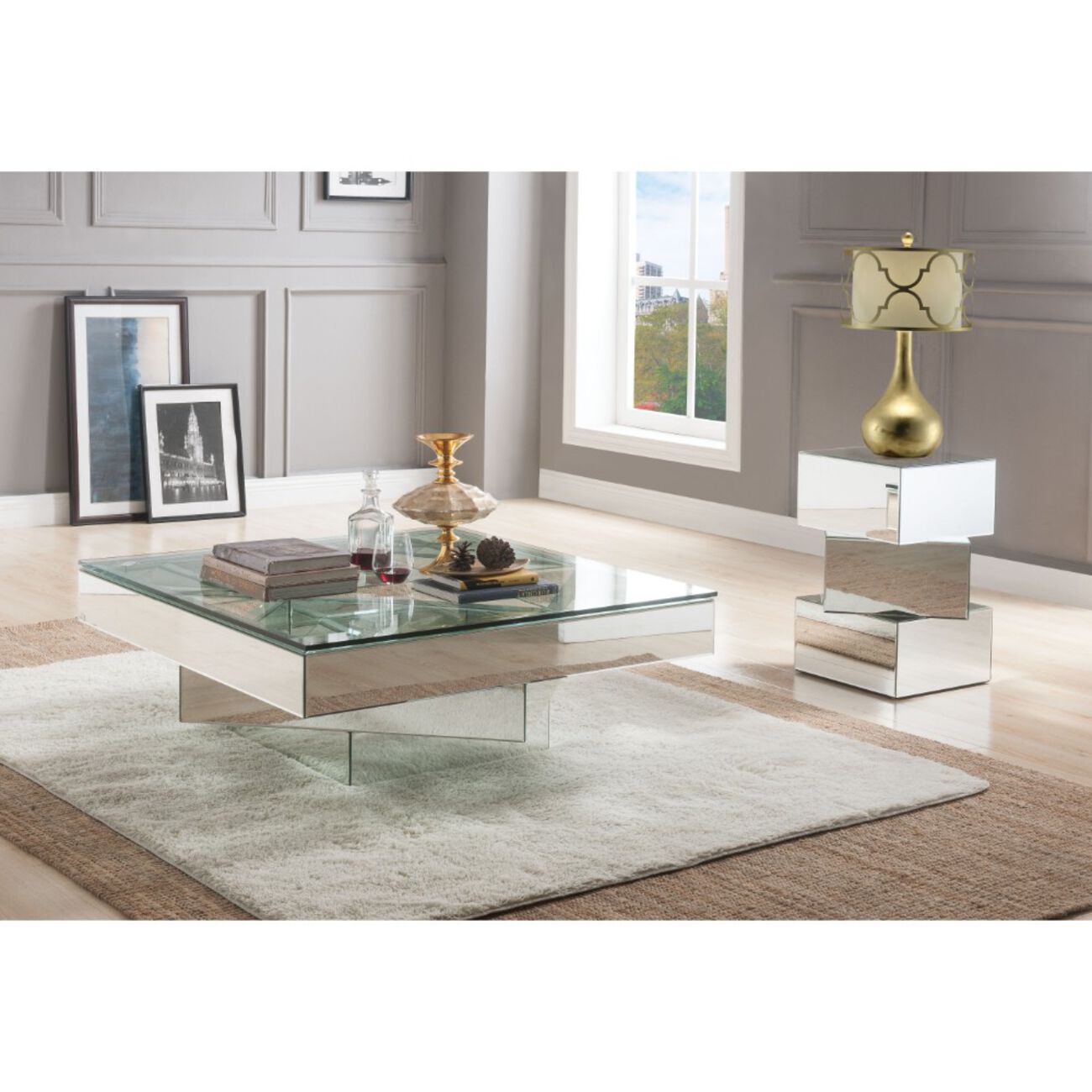 Square Glass and Mirror Coffee Table with Pedestal Base, Silver and Clear