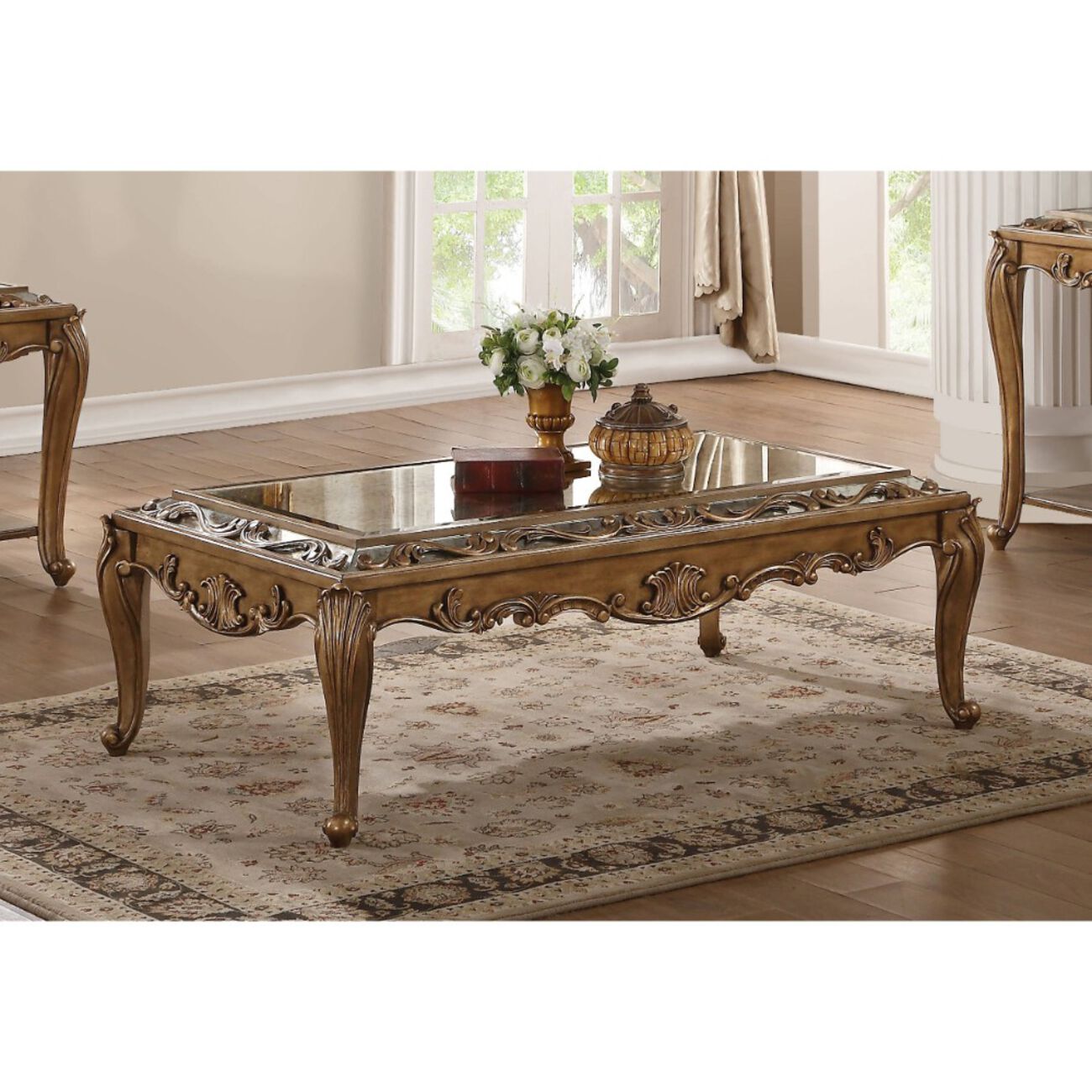 Traditional Rectangular Wooden Coffee Table With Mirrored Top, Gold