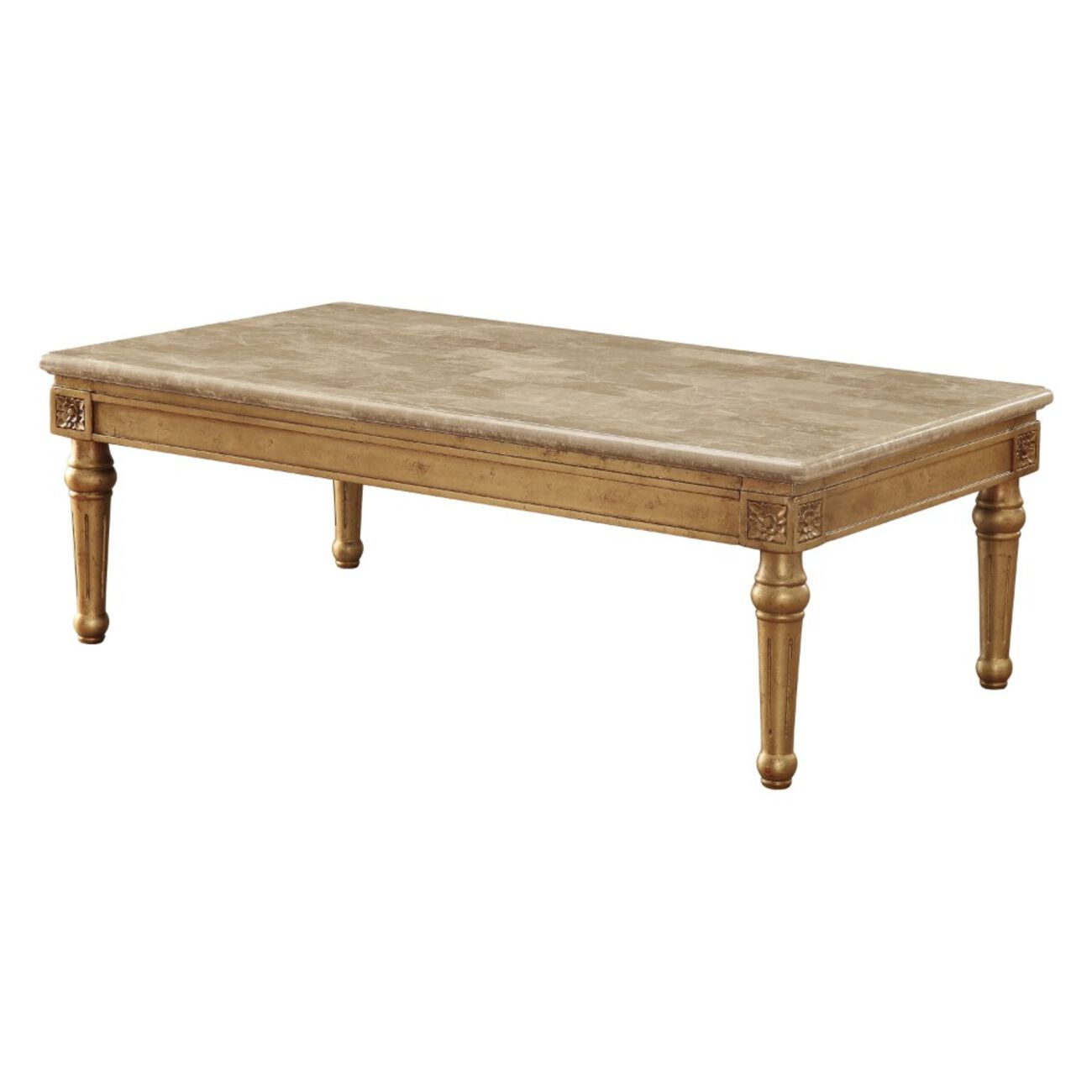 Traditional Style Rectangular Wood and Marble Coffee Table, Gold