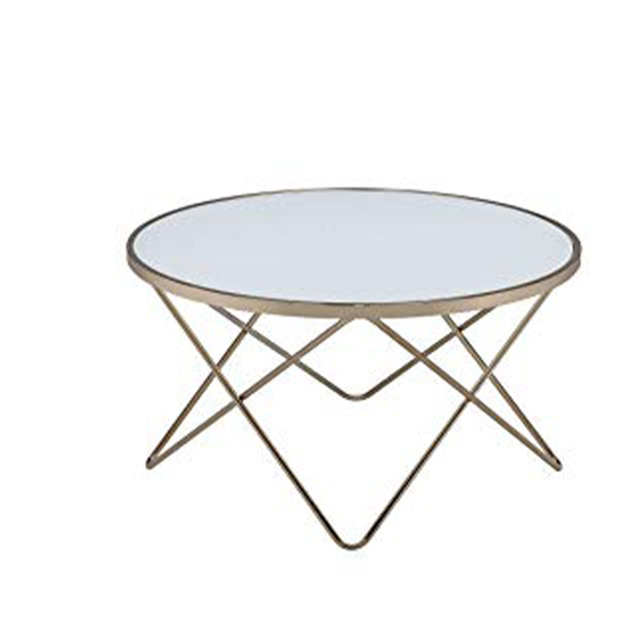 Contemporary Style Round Glass and Metal Coffee Table, White and Gold