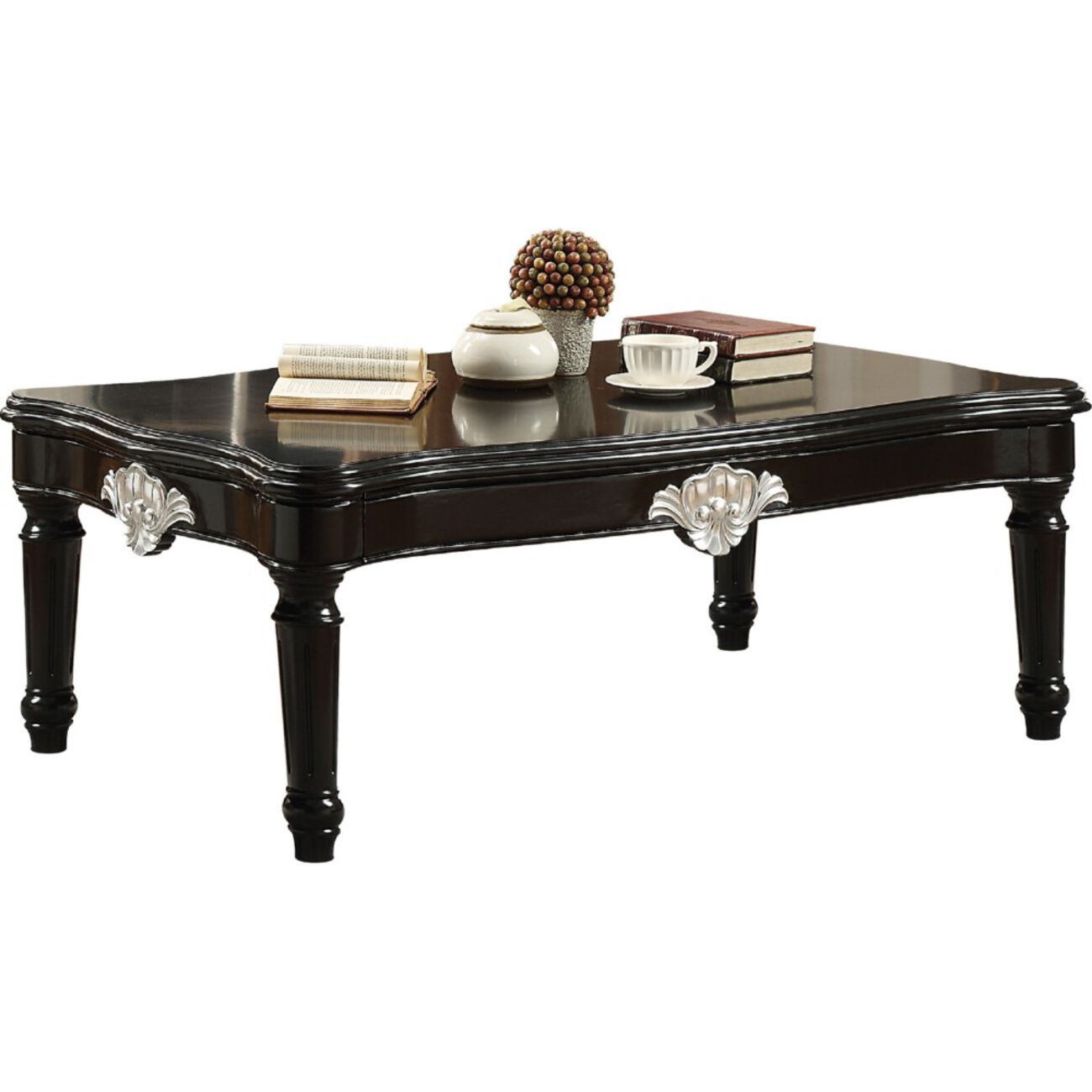 Traditional Rectangular Wooden Coffee Table with Scalloped Top, Black 