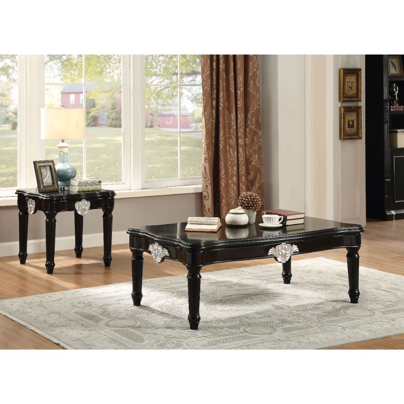 Traditional Rectangular Wooden Coffee Table with Scalloped Top, Black 