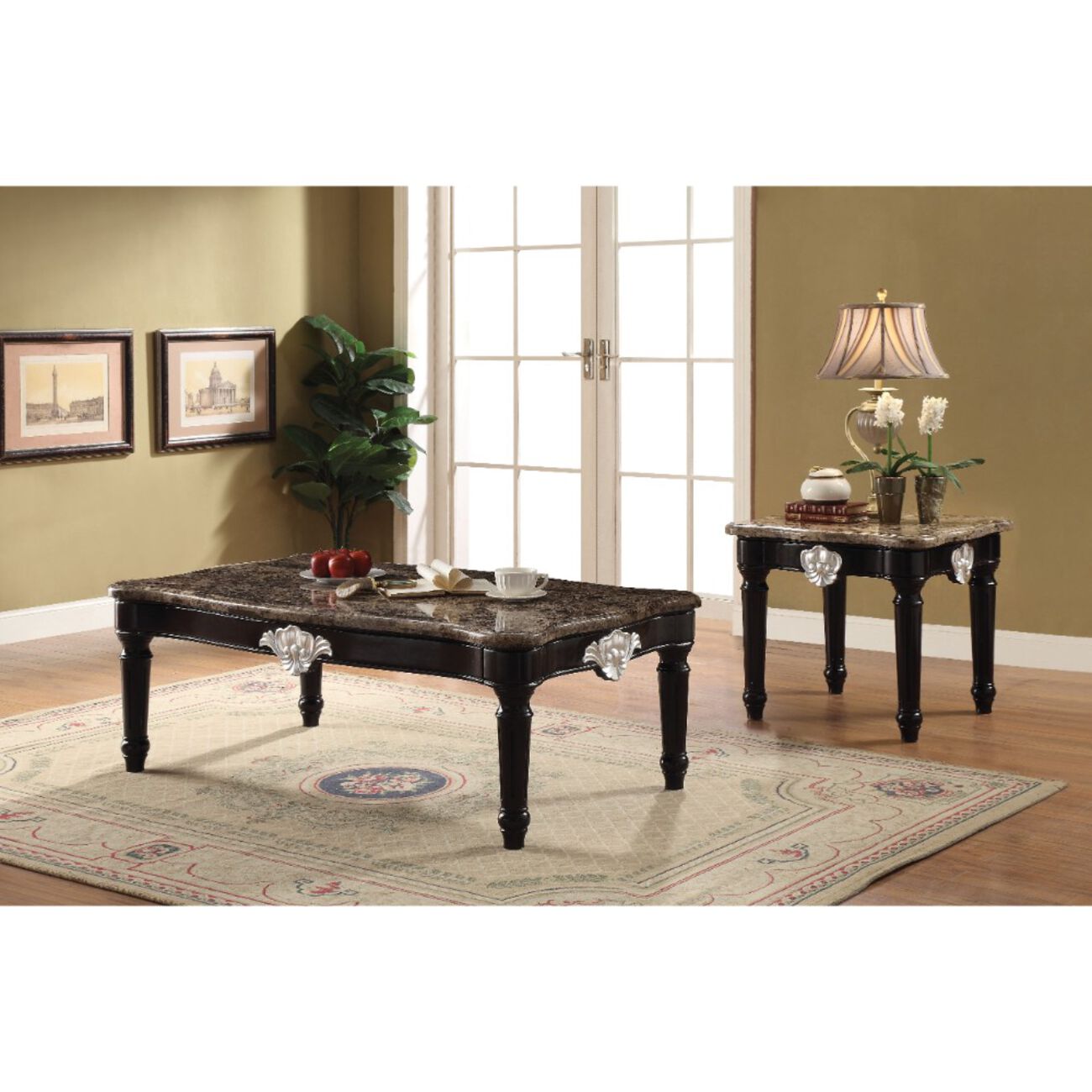 Traditional Style Rectangular Marble and Wood Coffee Table, Brown