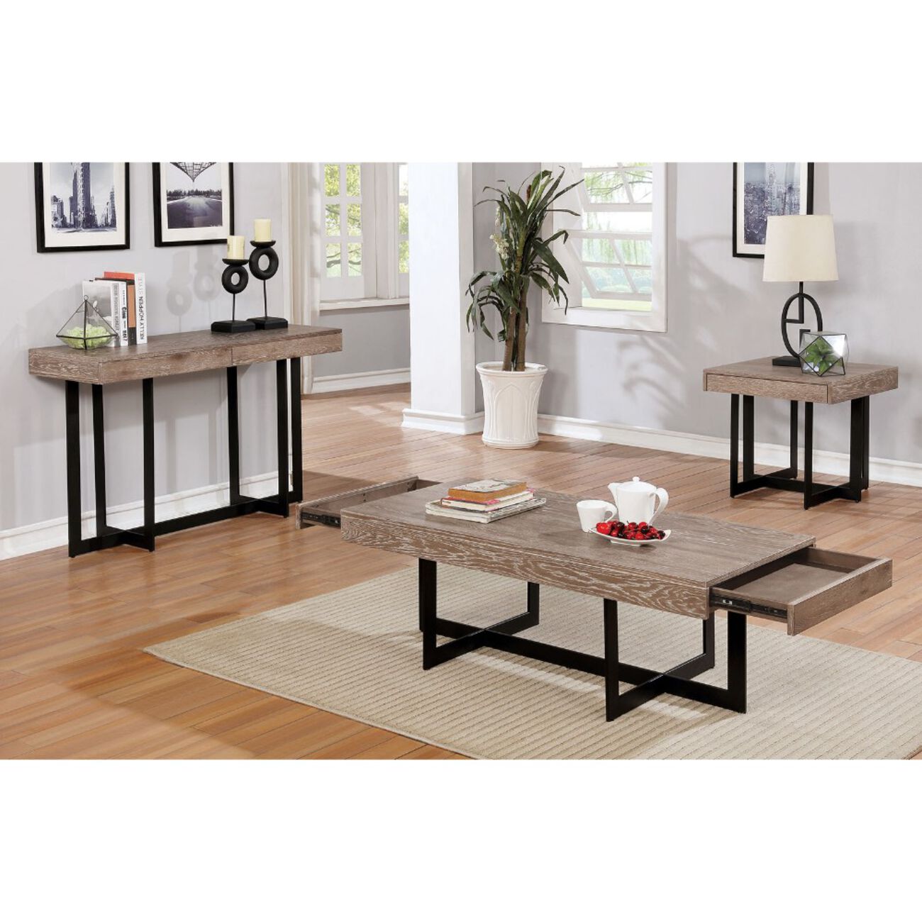 Solid Wood Coffee Table with Two Side Drawer and Metal Base, Brown and Black
