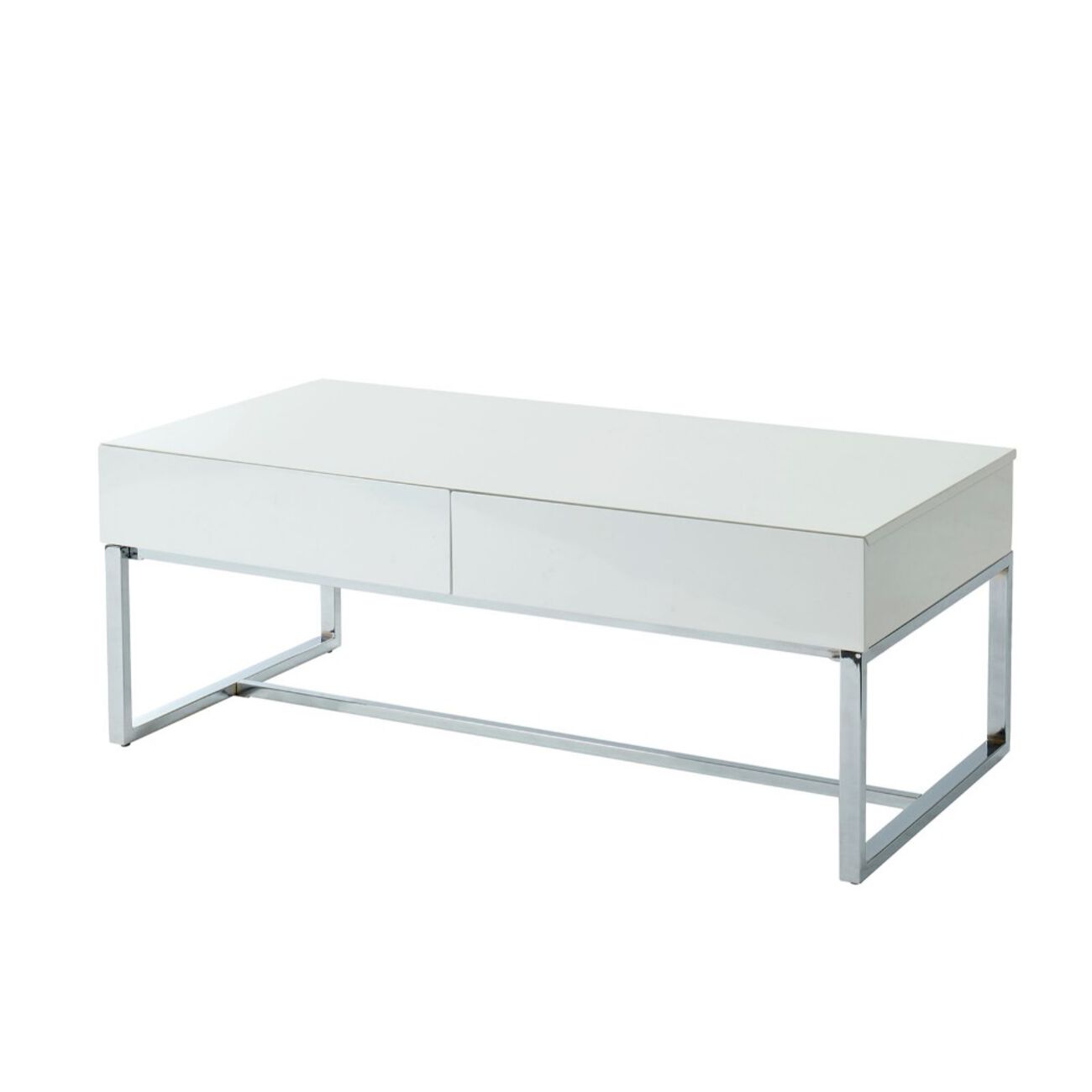 Contemporary Rectangular Coffee Table with Two Drawers and Metal Base, White and Silver