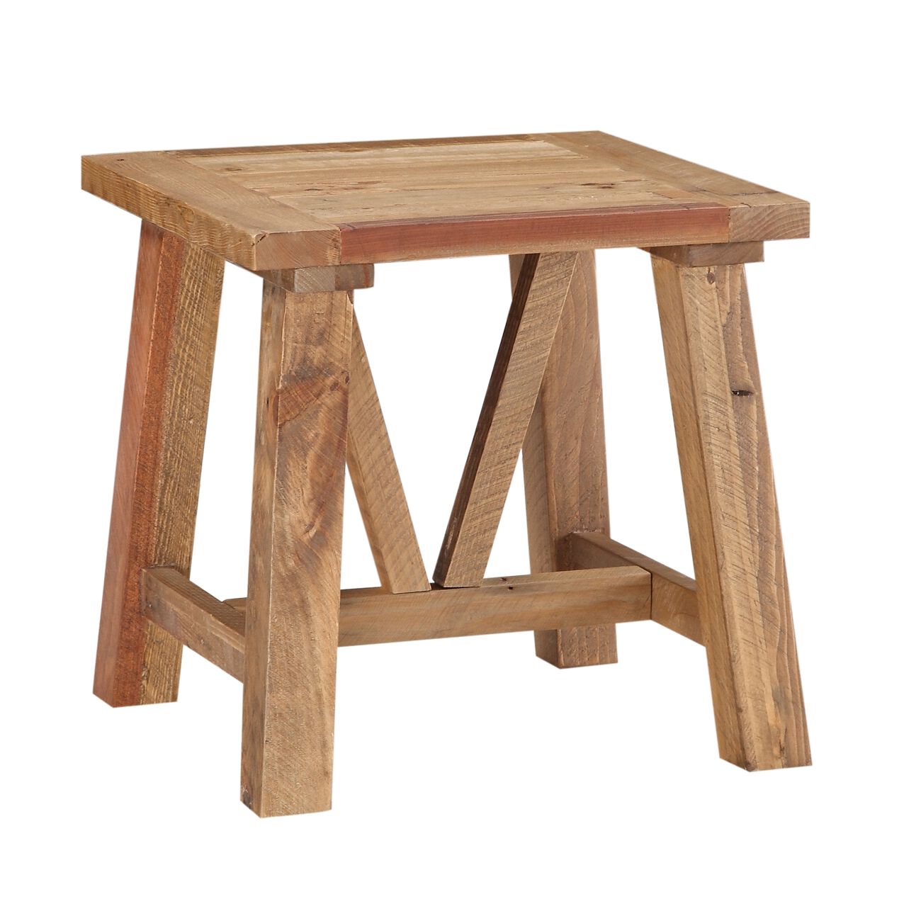 Pine Wood End Table with Trestle Reinforced Sawhorse Base, Brown