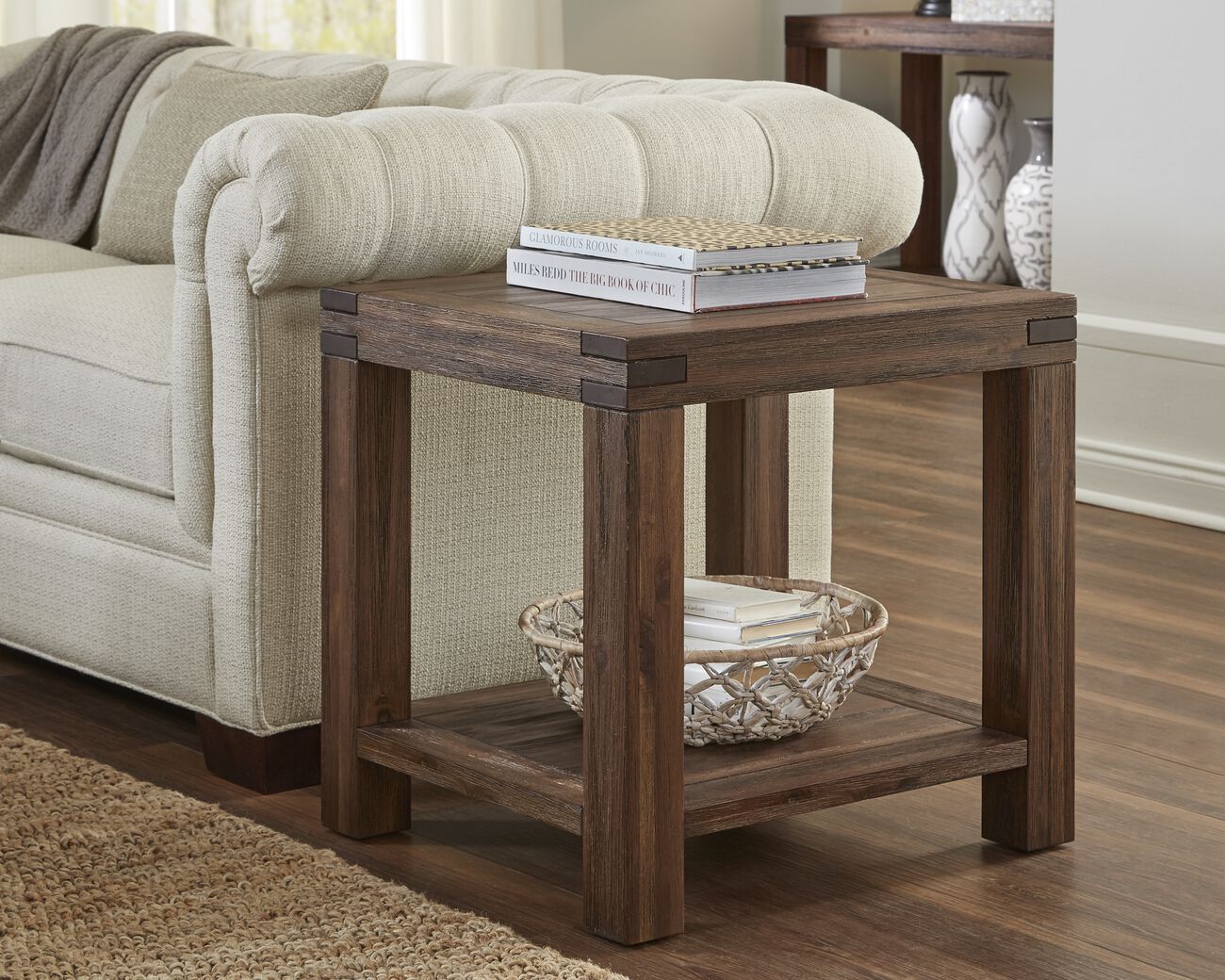 Acacia Wood End Table with Exposed Mortise and Tenon Corner Joints, Brown