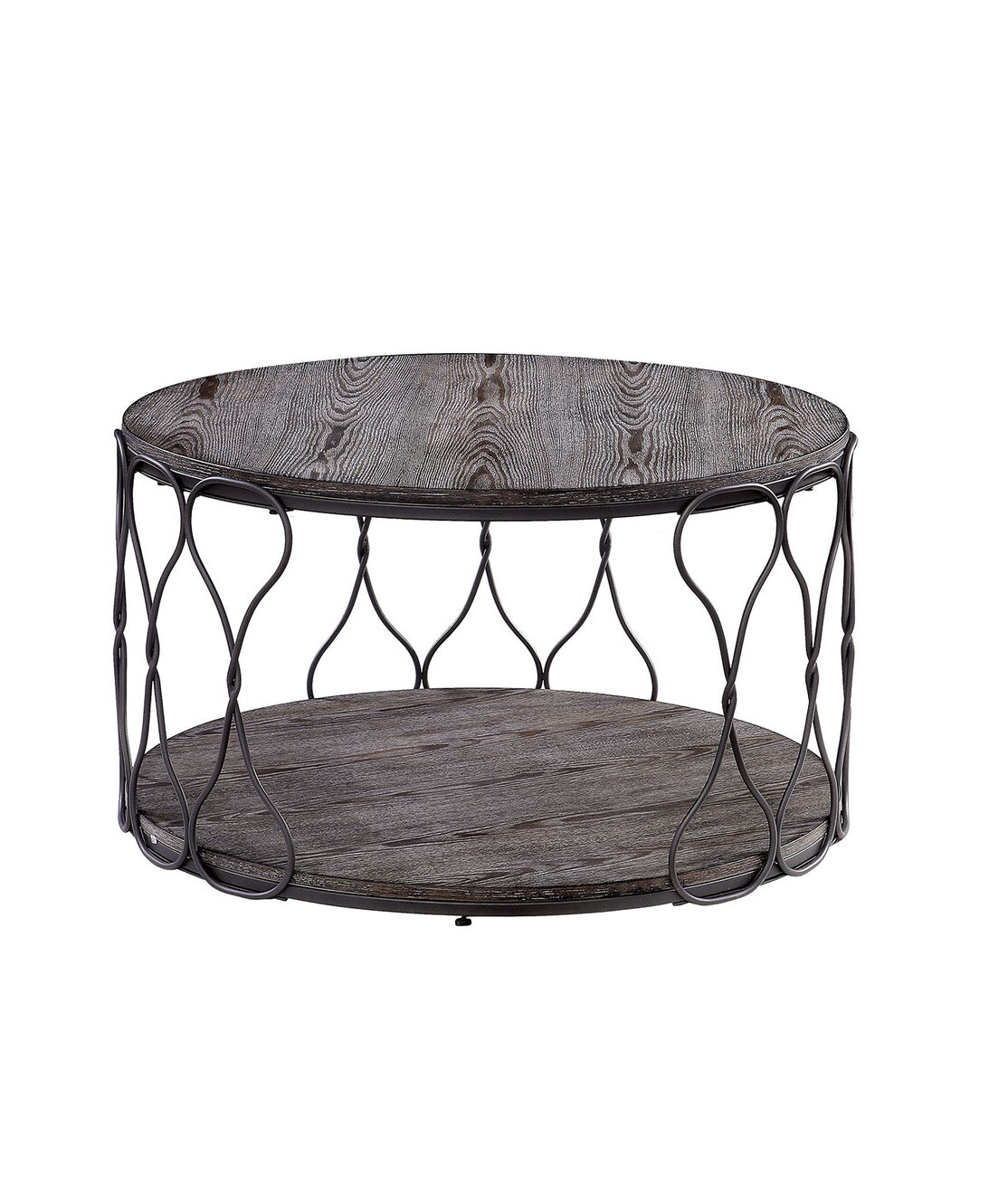 Industrial Style Round Metal and Solid Wood Coffee Table with Open Bottom Shelf, Gray and Brown
