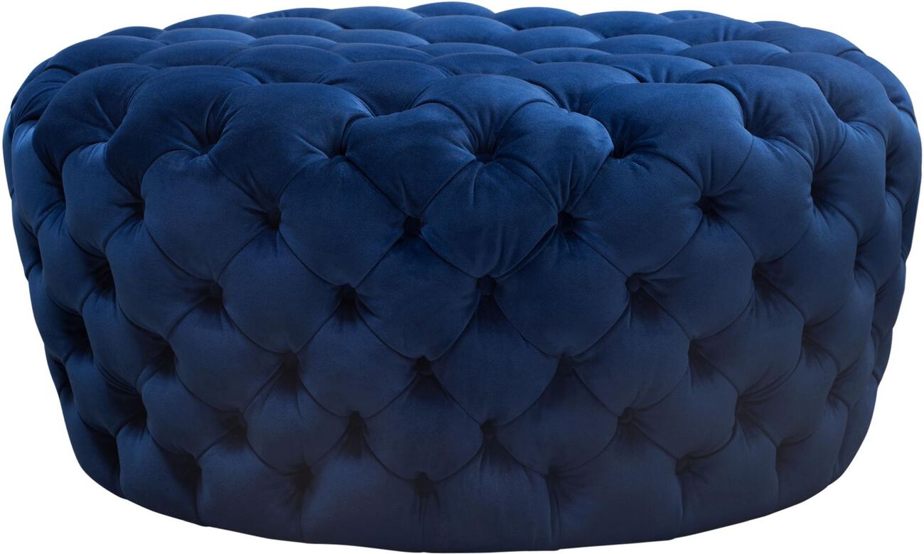 Velvet Upholstered Button Tufted Round Accent Ottoman, Blue