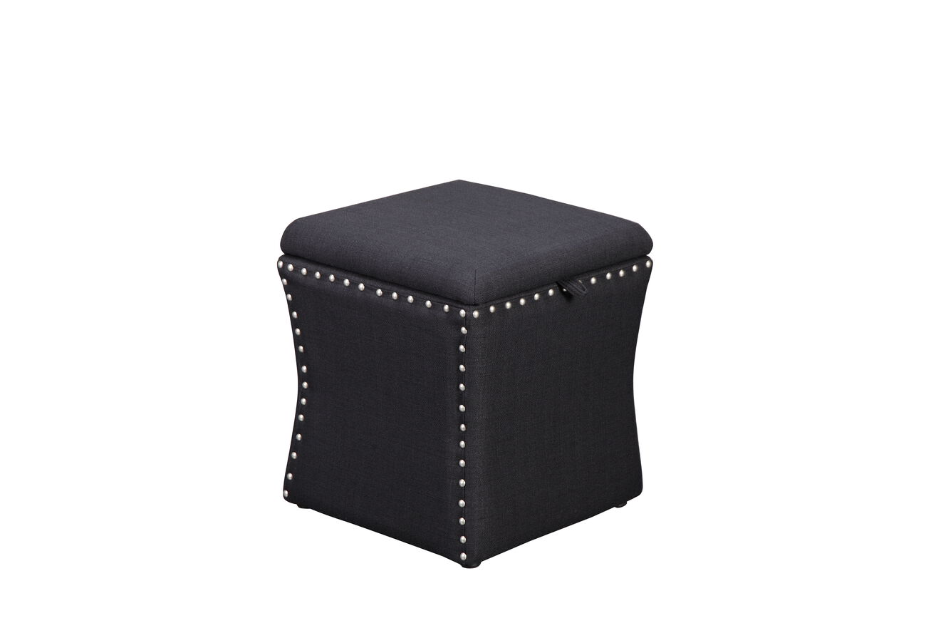 Fabric Upholstered Lift Top Storage Wooden Ottoman with Nail headDecorative Base, Black