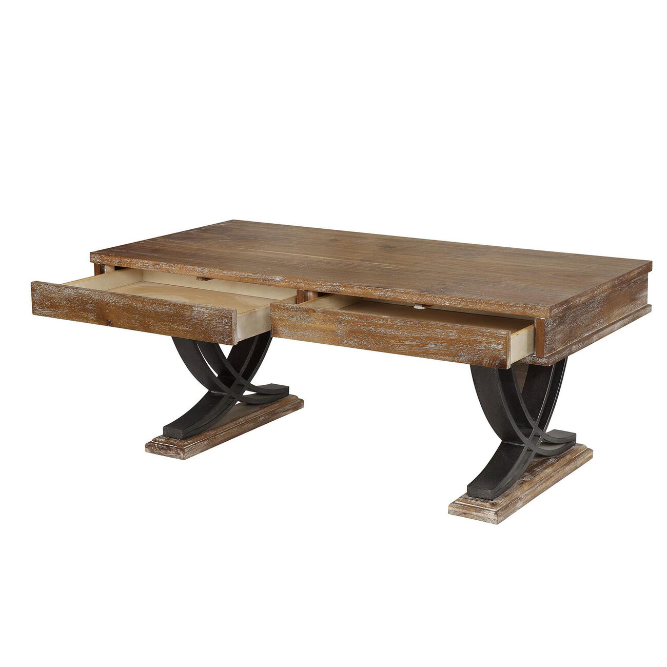 Rustic Wooden Coffee Table with Two Drawers and Metal X Shape Support, Black and Brown