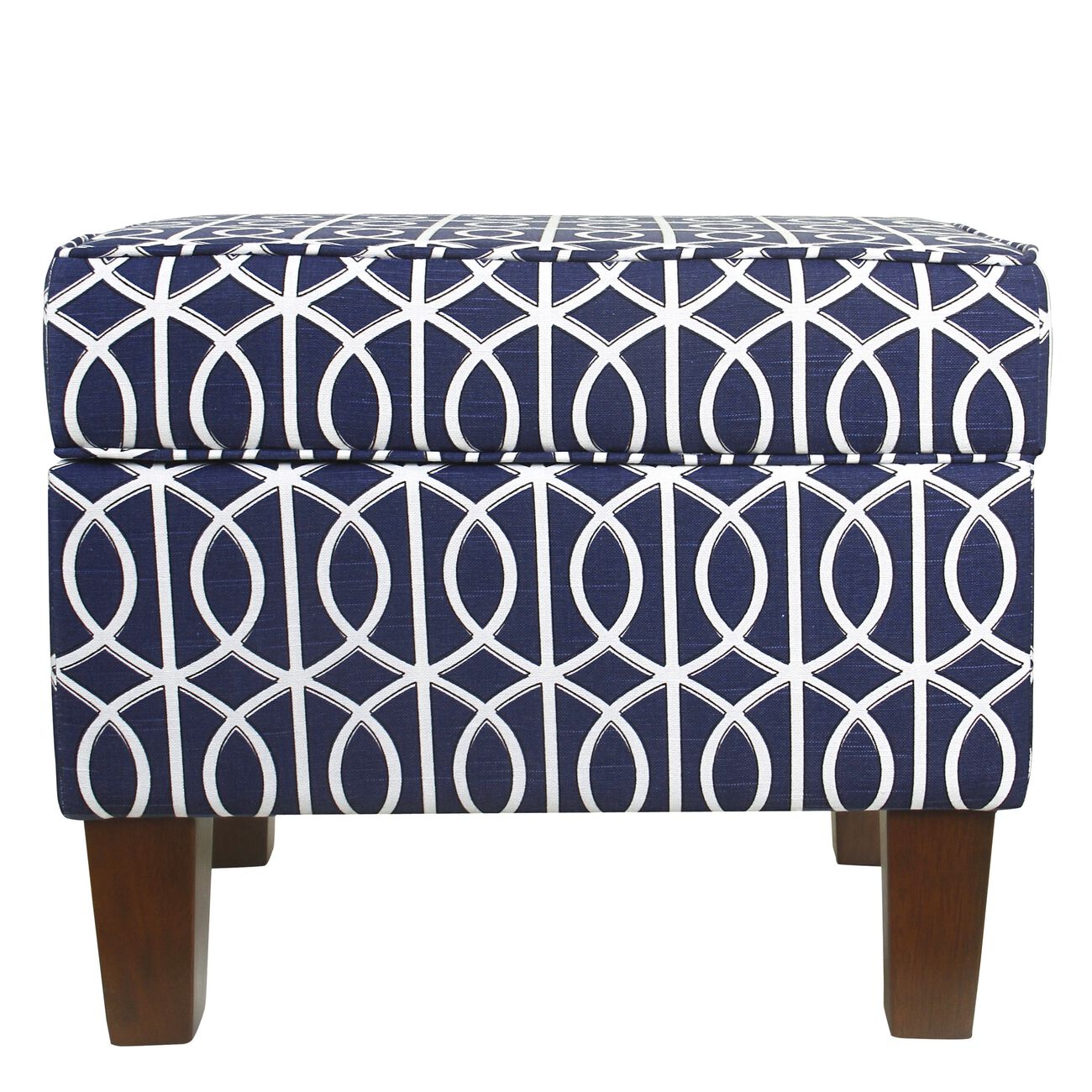 Wooden Ottoman with Trellis Patterned Fabric Upholstery and Hidden Storage, Blue and White