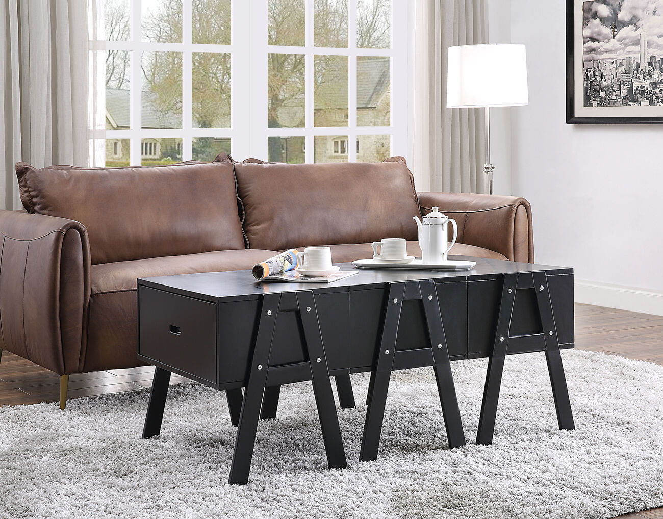 Three Drawers Wooden Convertible Coffee Table with Angled Legs, Black