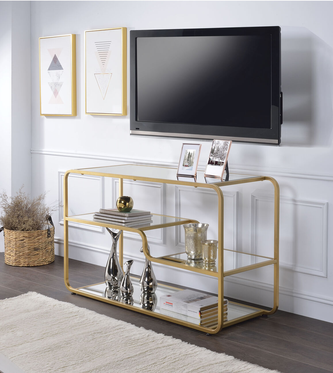 Modern Metal Framed TV Stand with Mirrored Open Compartments, Gold and Clear