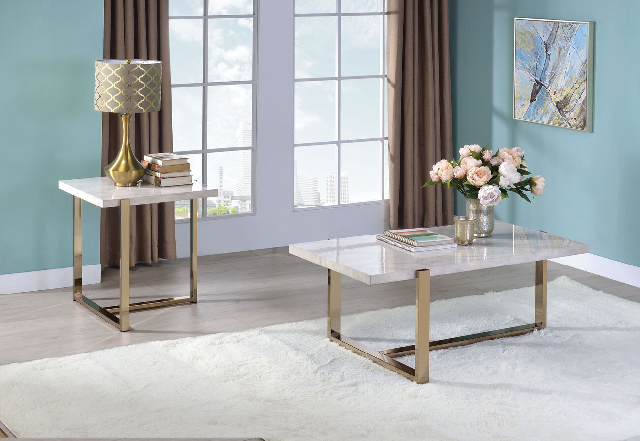 Modern Metal Framed Coffee Table with Faux Marble Top, White and Gold