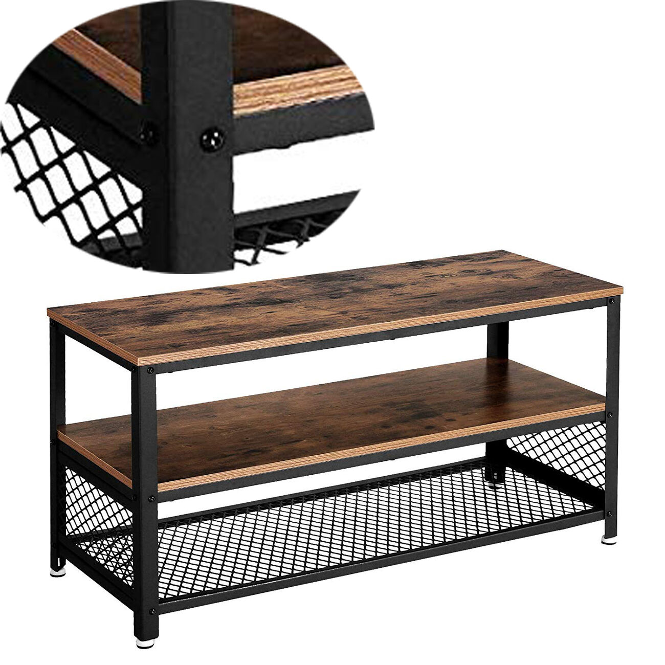 Wooden TV Stand with Two Open Spacious Shelves, Brown and Black