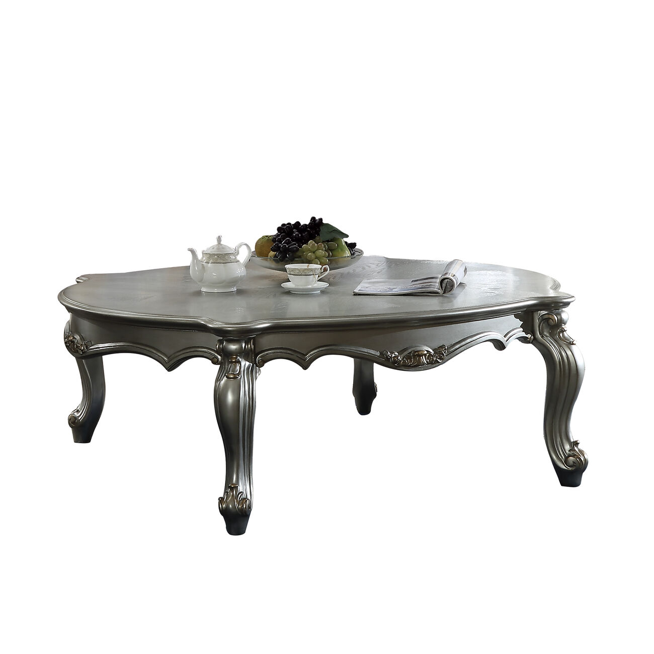 Oval Shaped Wooden Coffee Table with Cabriole Leg Support, Silver