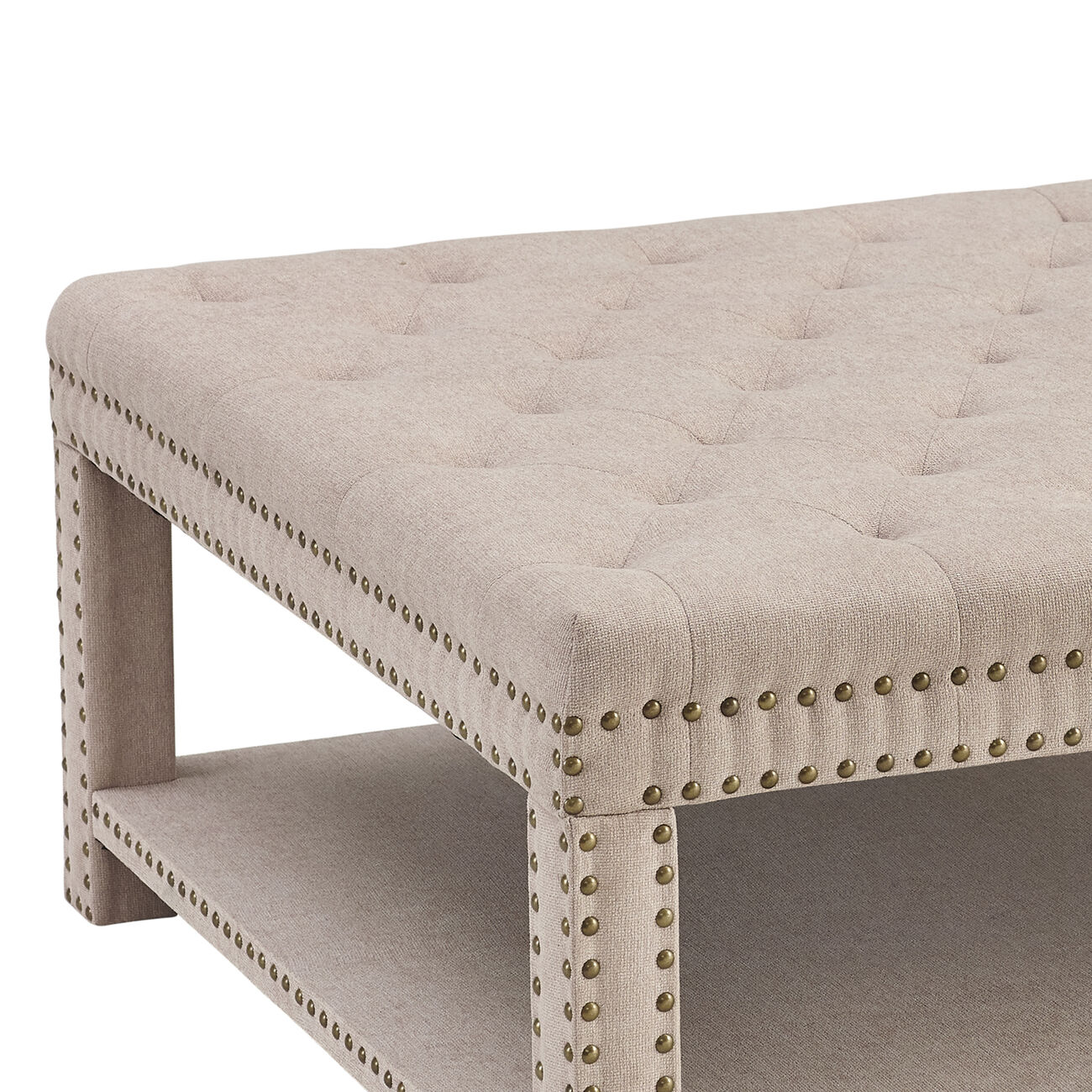 Fabric Upholstered Square Wooden Coffee Table with Nailhead Trim,Beige