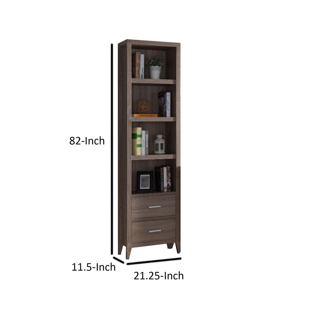 Wooden Media Tower with Four Open Shelves and Two Drawers, Dark Taupe Brown