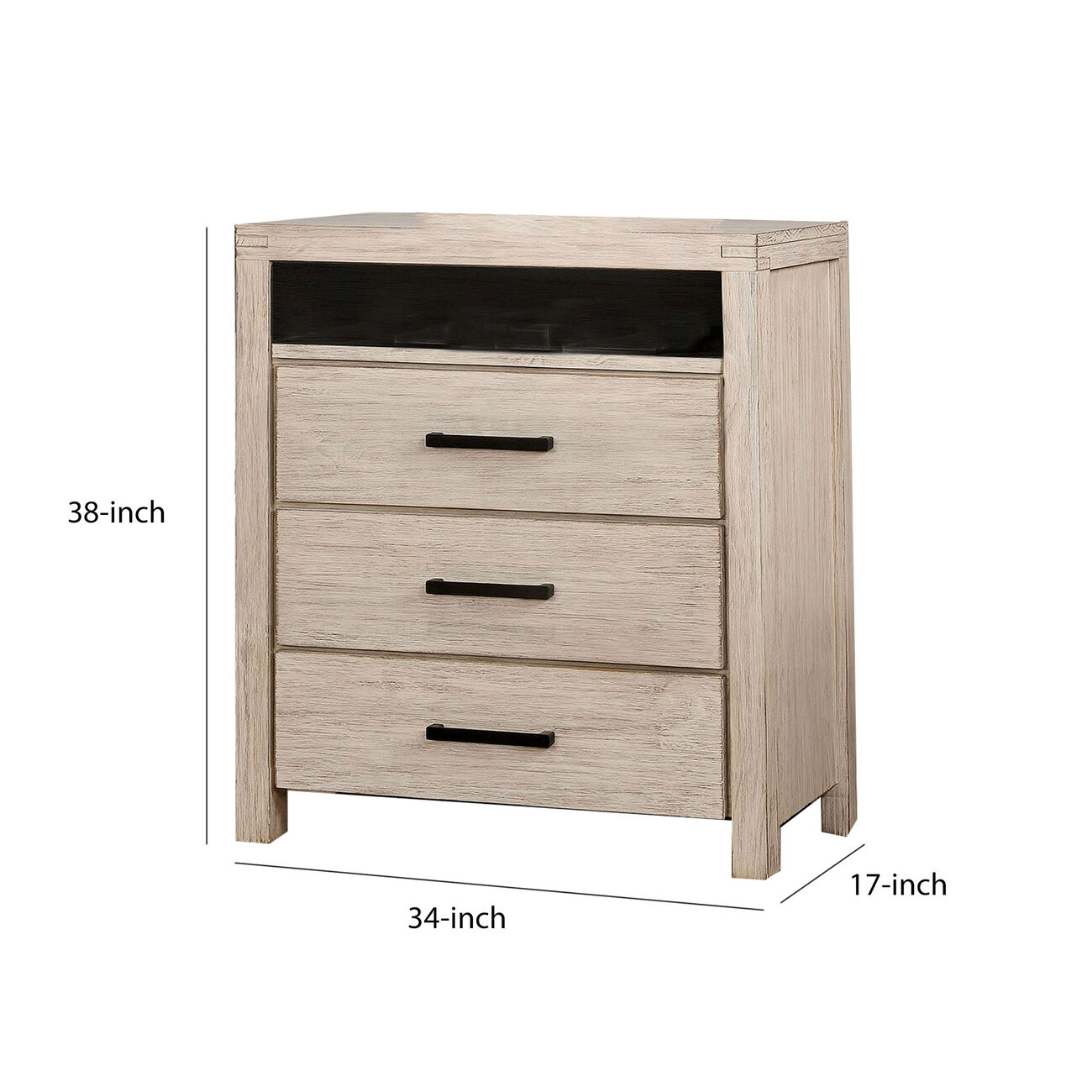 3 Drawer Rustic Style Media Chest with Open Compartment, White