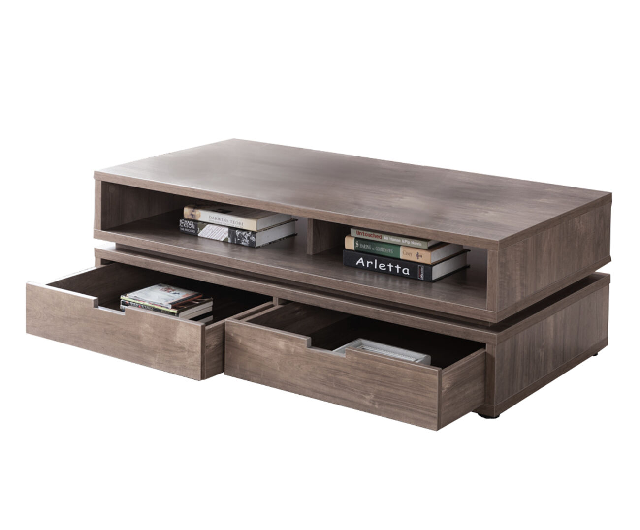 2 Drawer Rectangular Wooden Coffee Table with 2 Open Shelves, Brown