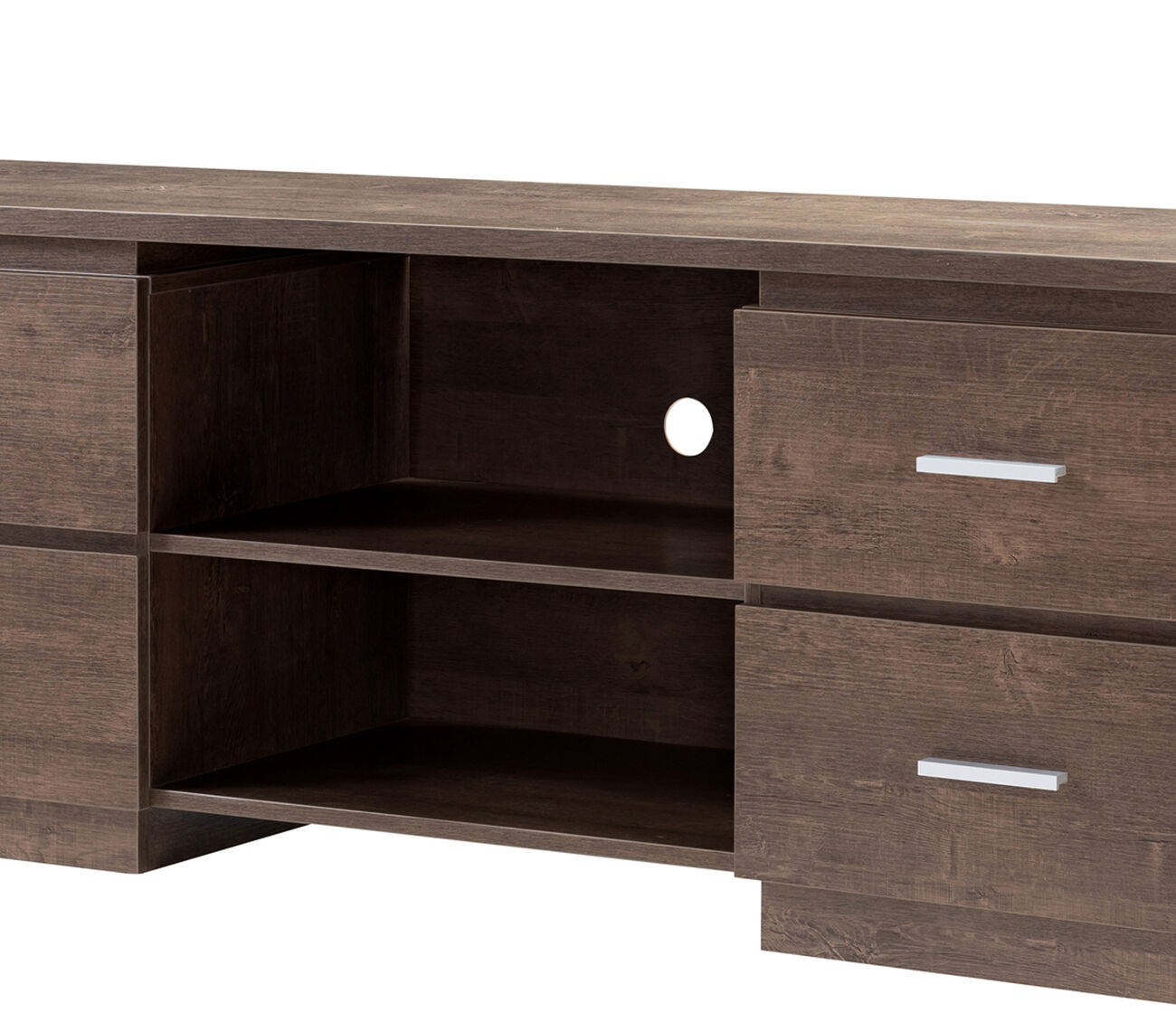 Transitional Wooden TV Stand with 2 Open Shelves and 4 Drawers, Brown