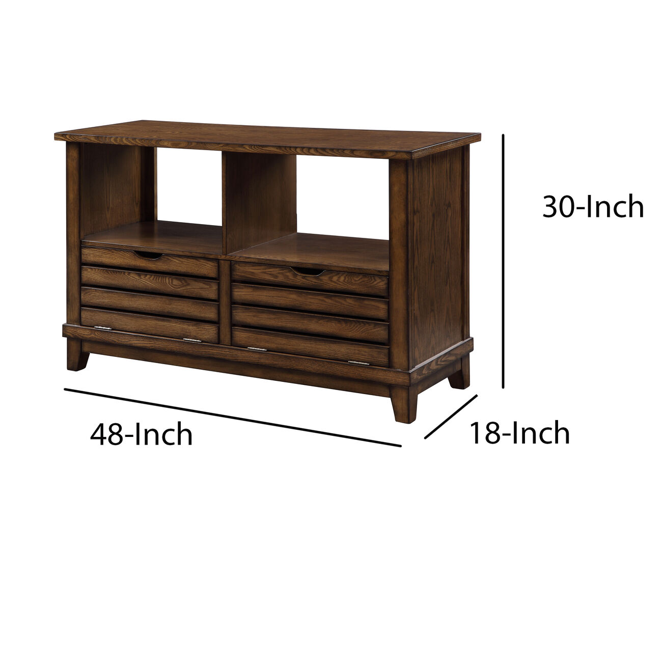 Slatted Front Sofa Table with Two Drawers and Two Shelf, Brown