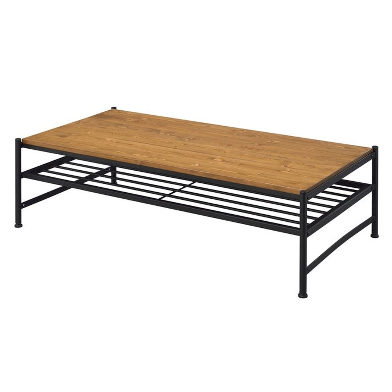 Metal and Wood Coffee Table with Slatted Bottom Shelf,Brown and Black